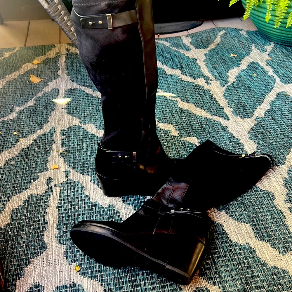 Cole Haan Knee-high boots black leather and suede with silver buckles size 9B
